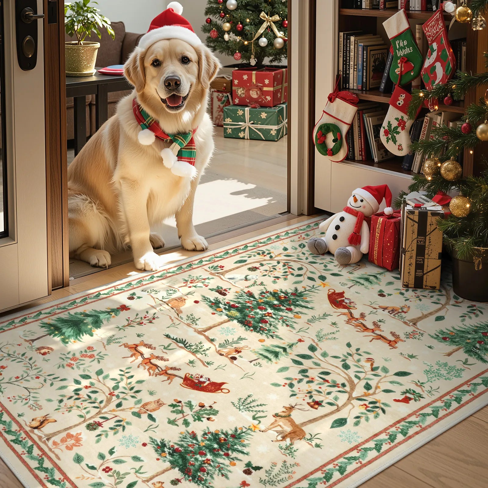 Lumiere Christmas Washable Classic Deer Woodland Beige Rug Area Rugs Lahome