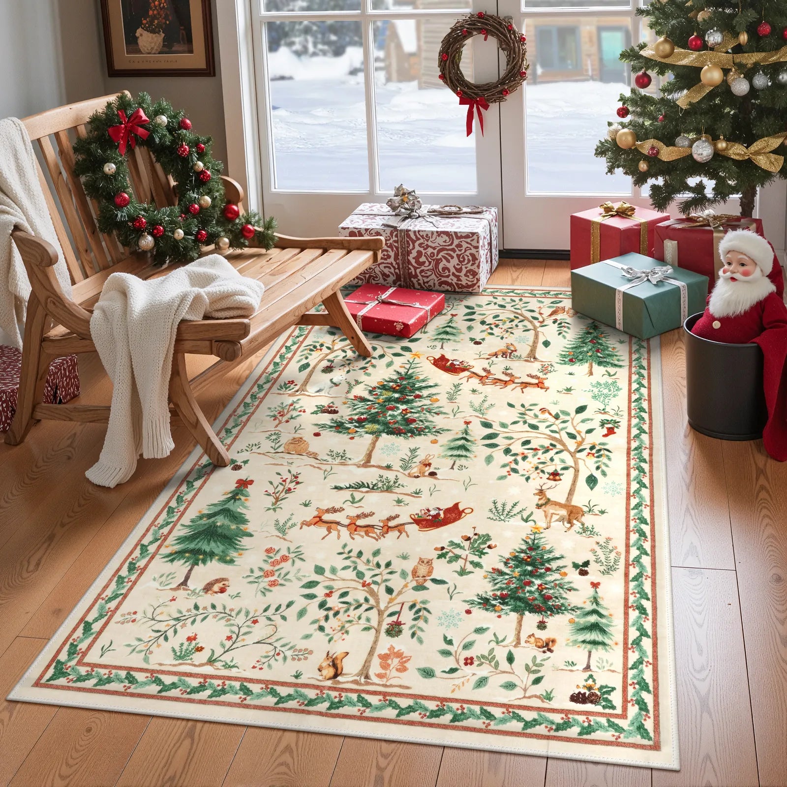 Lumiere Christmas Washable Classic Deer Woodland Beige Rug Area Rugs Lahome