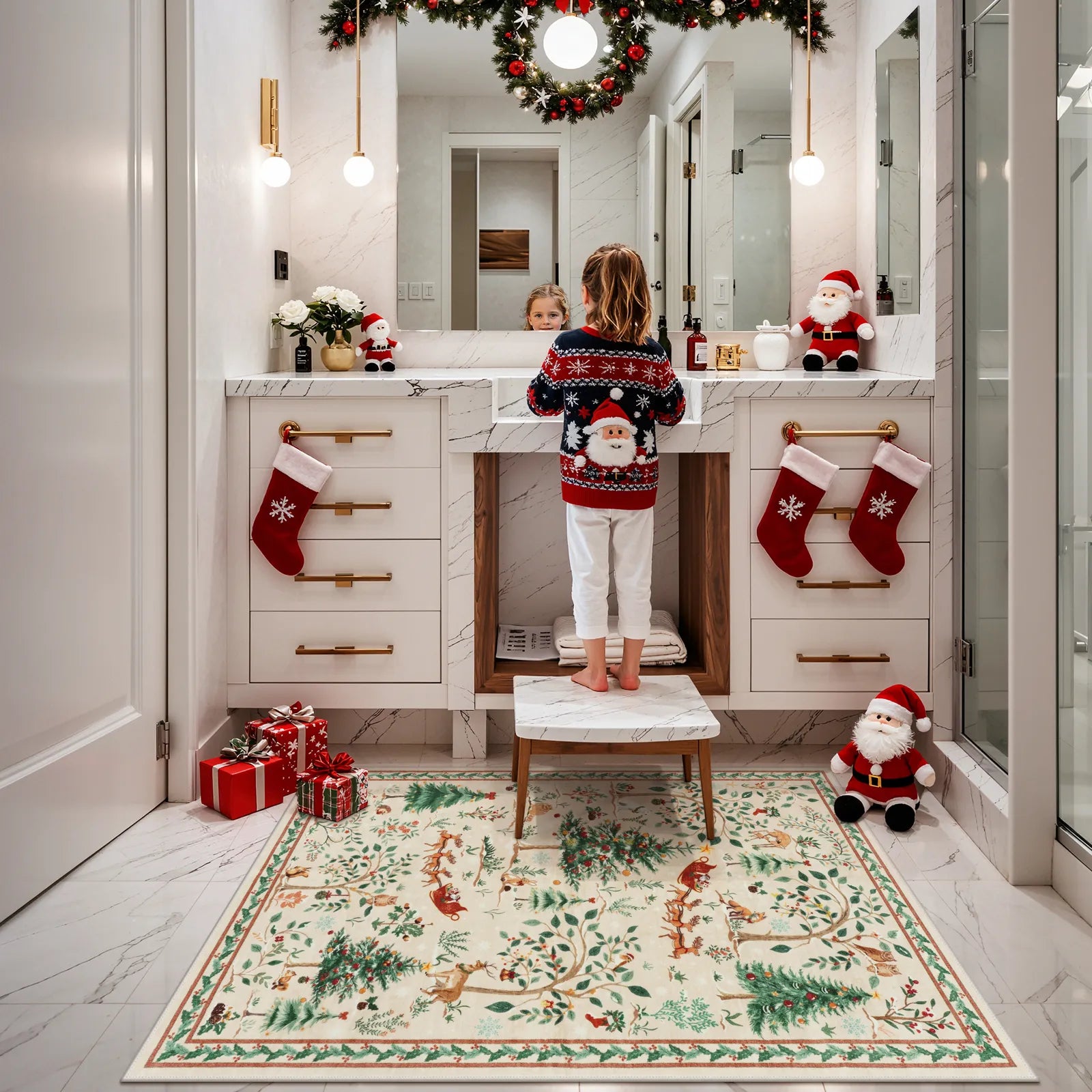 Lumiere Christmas Washable Classic Deer Woodland Beige Rug Area Rugs Lahome