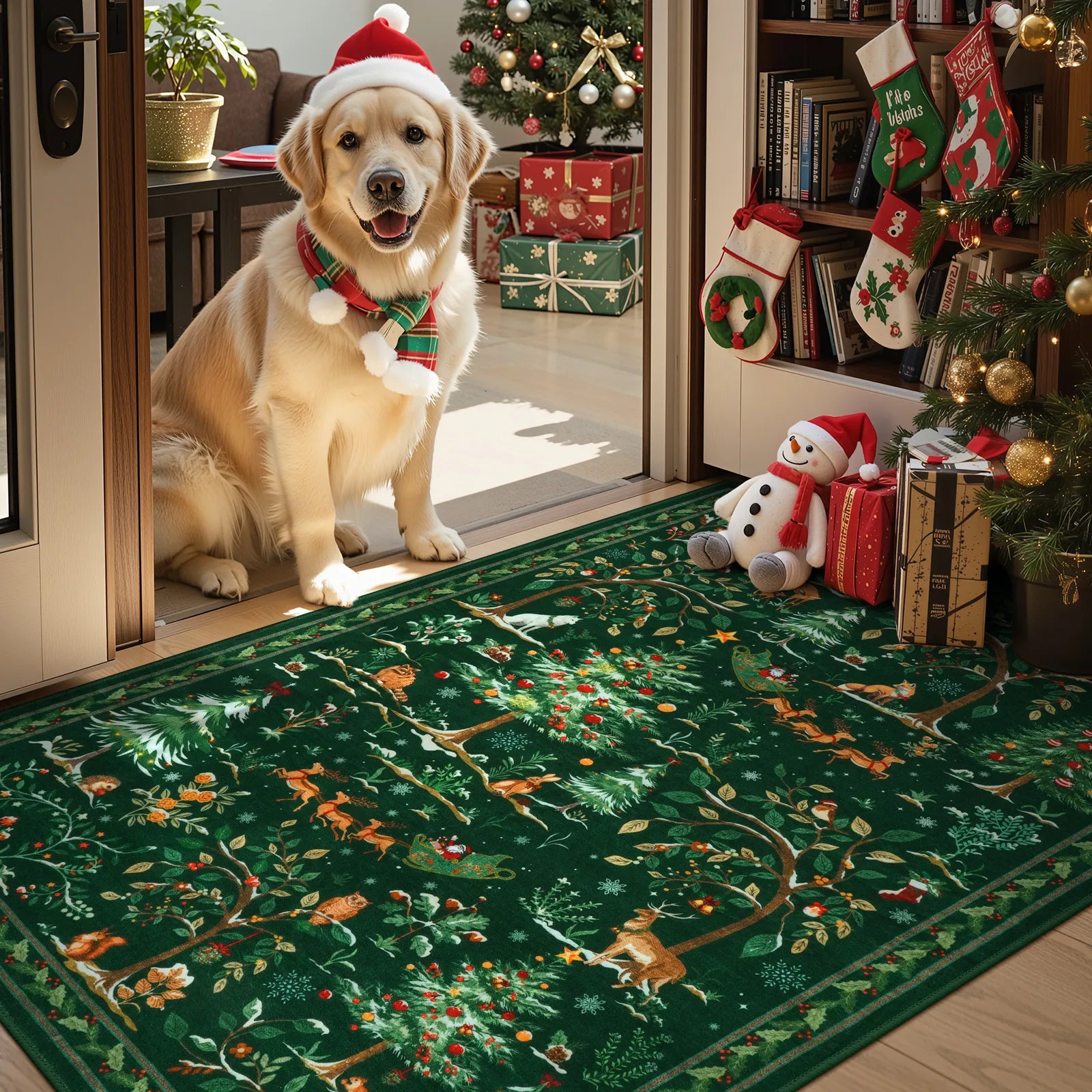 Lumiere Christmas Washable Classic Deer Woodland Green Rug Area Rugs Lahome