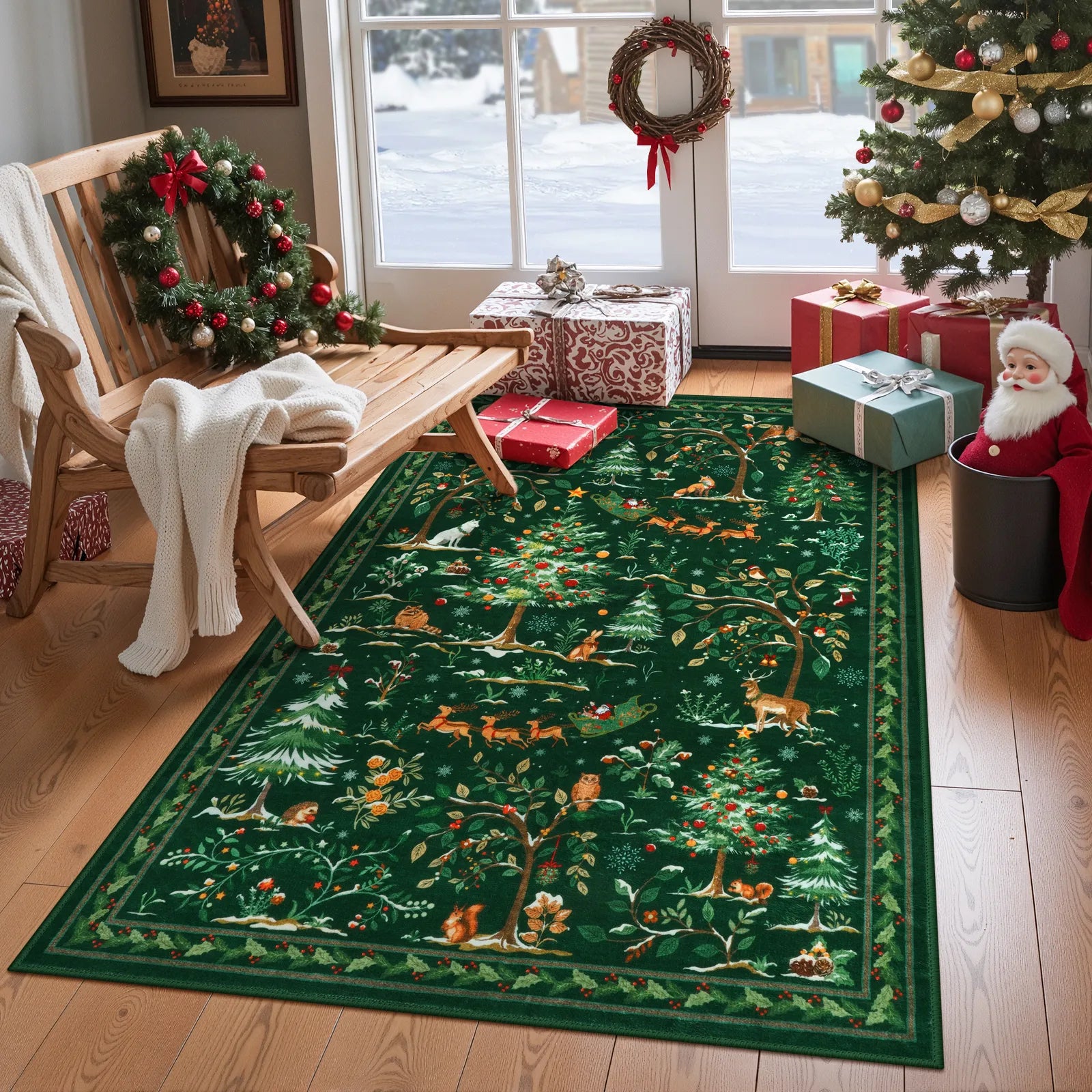 Lumiere Christmas Washable Classic Deer Woodland Green Rug Area Rugs Lahome