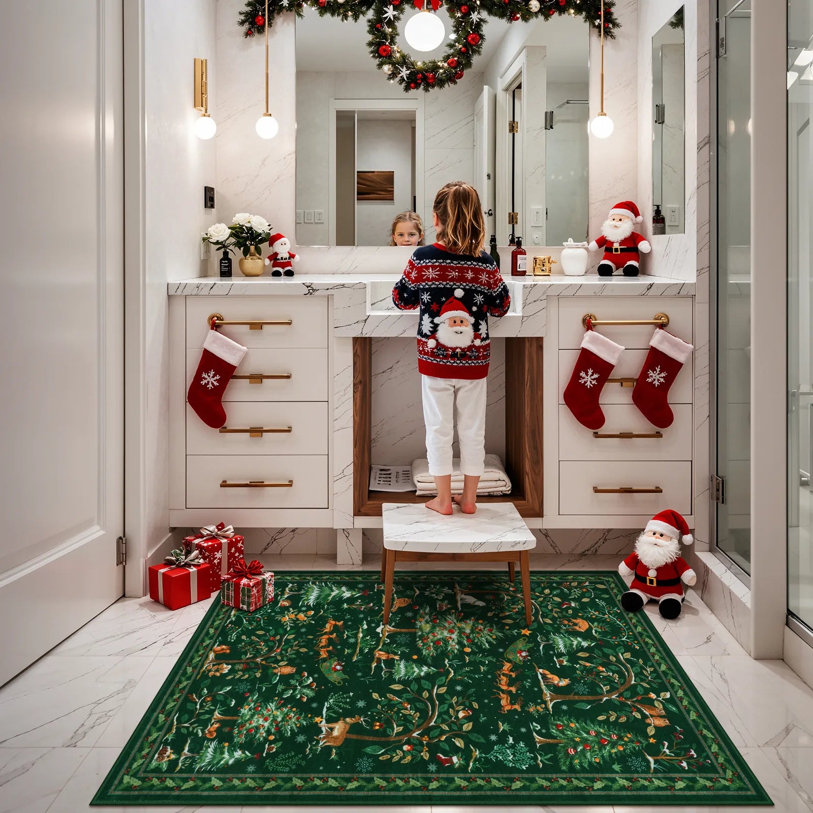 Lumiere Christmas Washable Classic Deer Woodland Green Rug Area Rugs Lahome