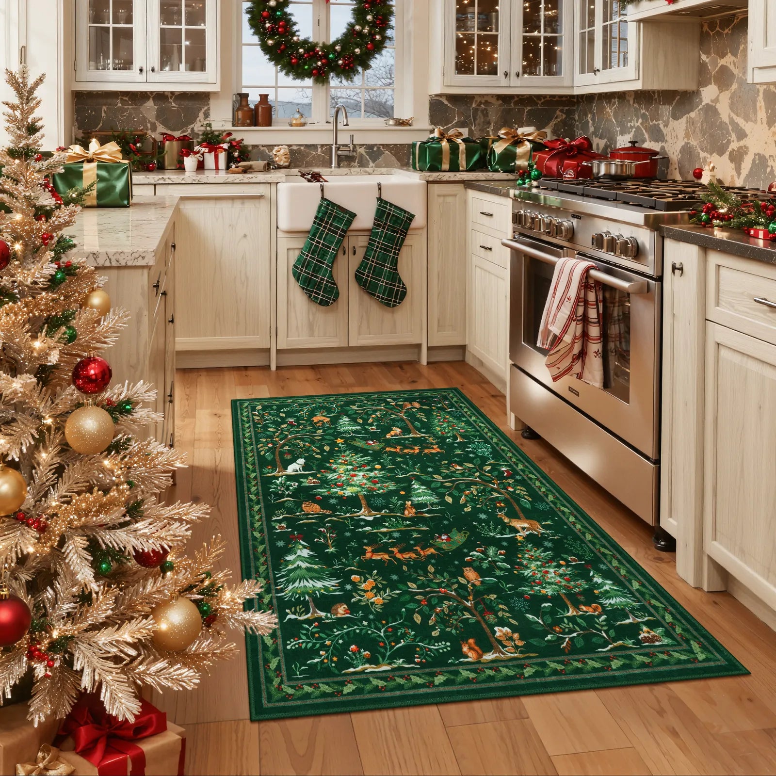 Lumiere Christmas Washable Classic Deer Woodland Green Rug Area Rugs Lahome 3' x 5'