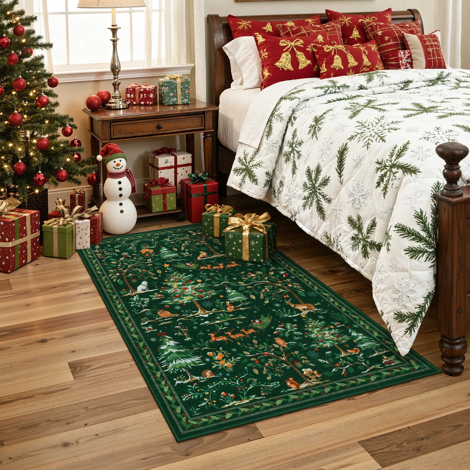 Lumiere Christmas Washable Classic Deer Woodland Green Rug Area Rugs Lahome