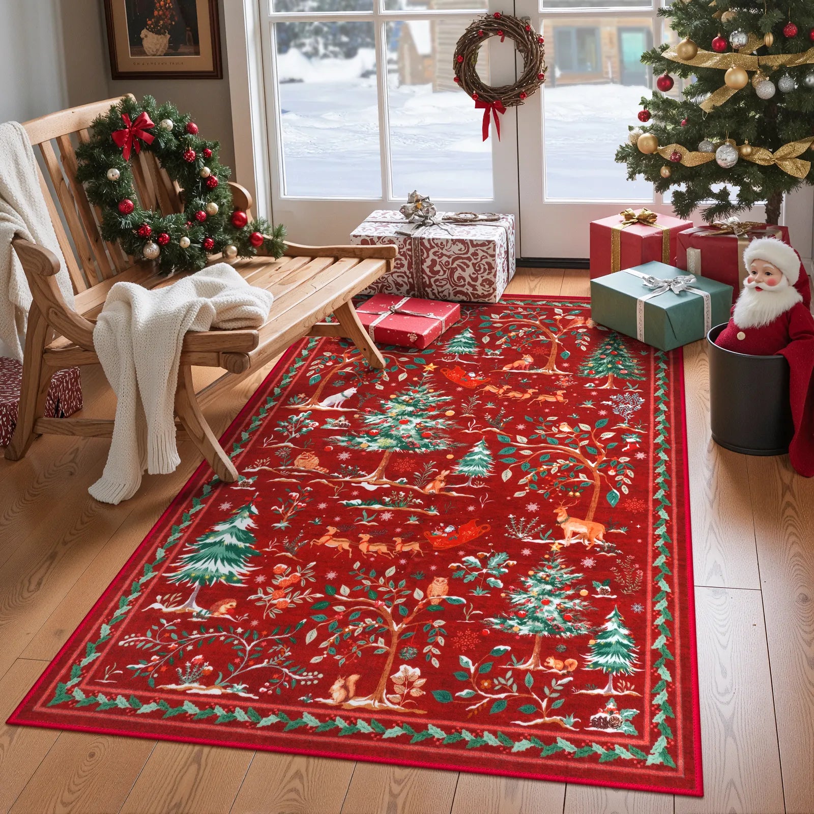 Lumiere Christmas Washable Classic Deer Woodland Red Rug Area Rugs Lahome 3' x 5'