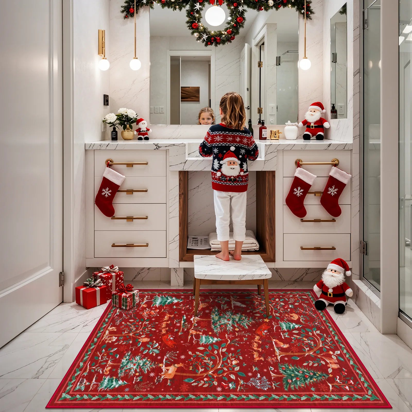 Lumiere Christmas Washable Classic Deer Woodland Red Rug Area Rugs Lahome