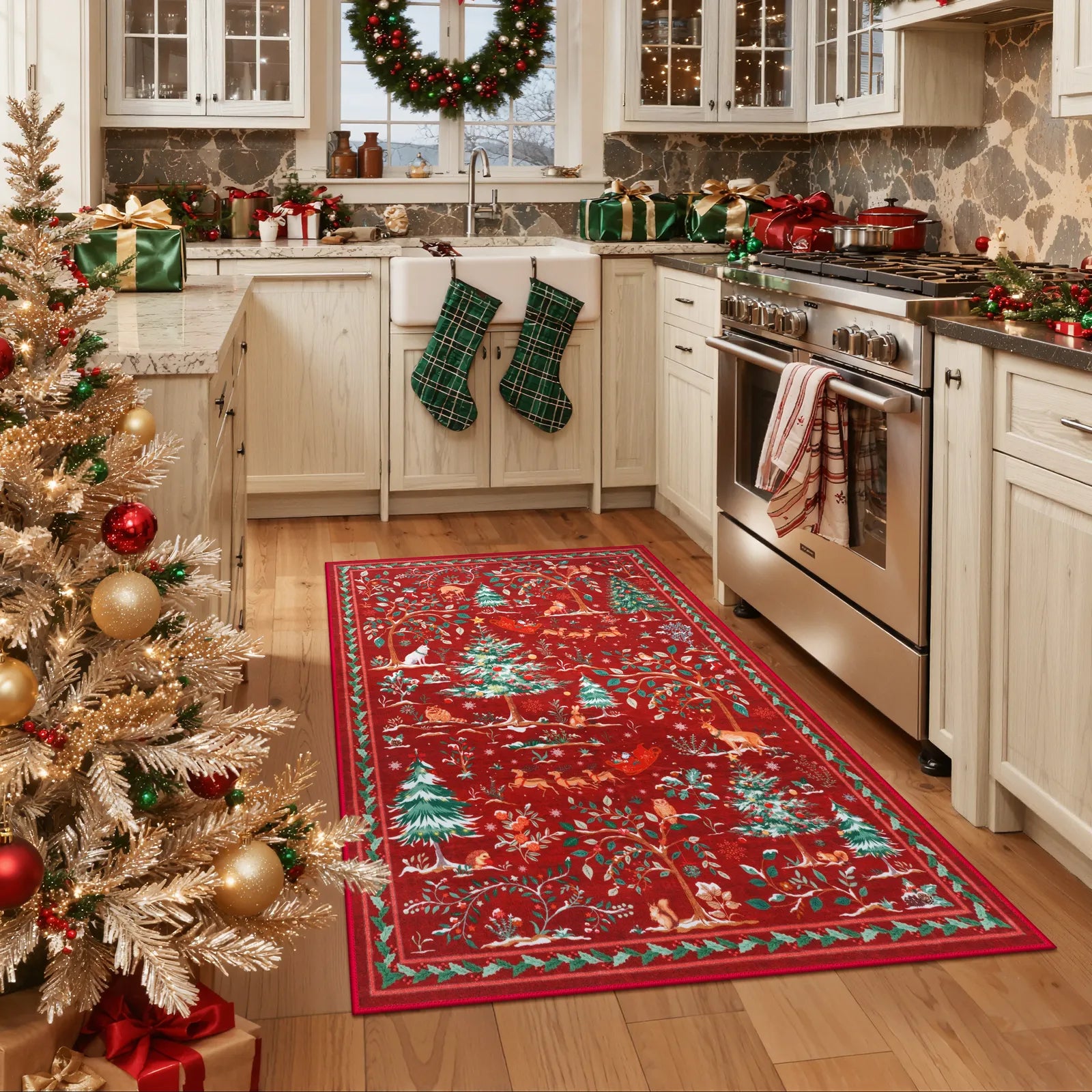 Lumiere Christmas Washable Classic Deer Woodland Red Rug Area Rugs Lahome