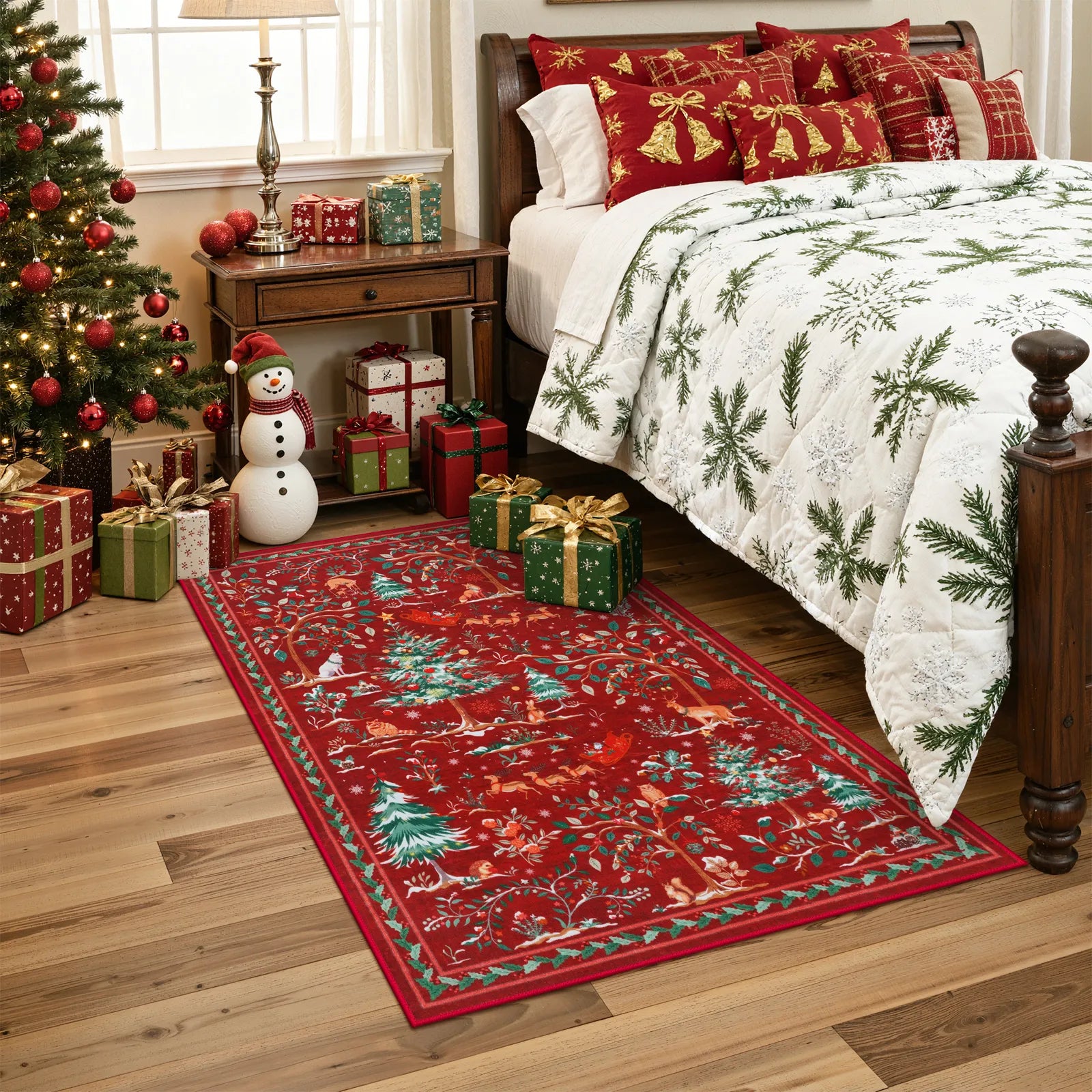 Lumiere Christmas Washable Classic Deer Woodland Red Rug Area Rugs Lahome
