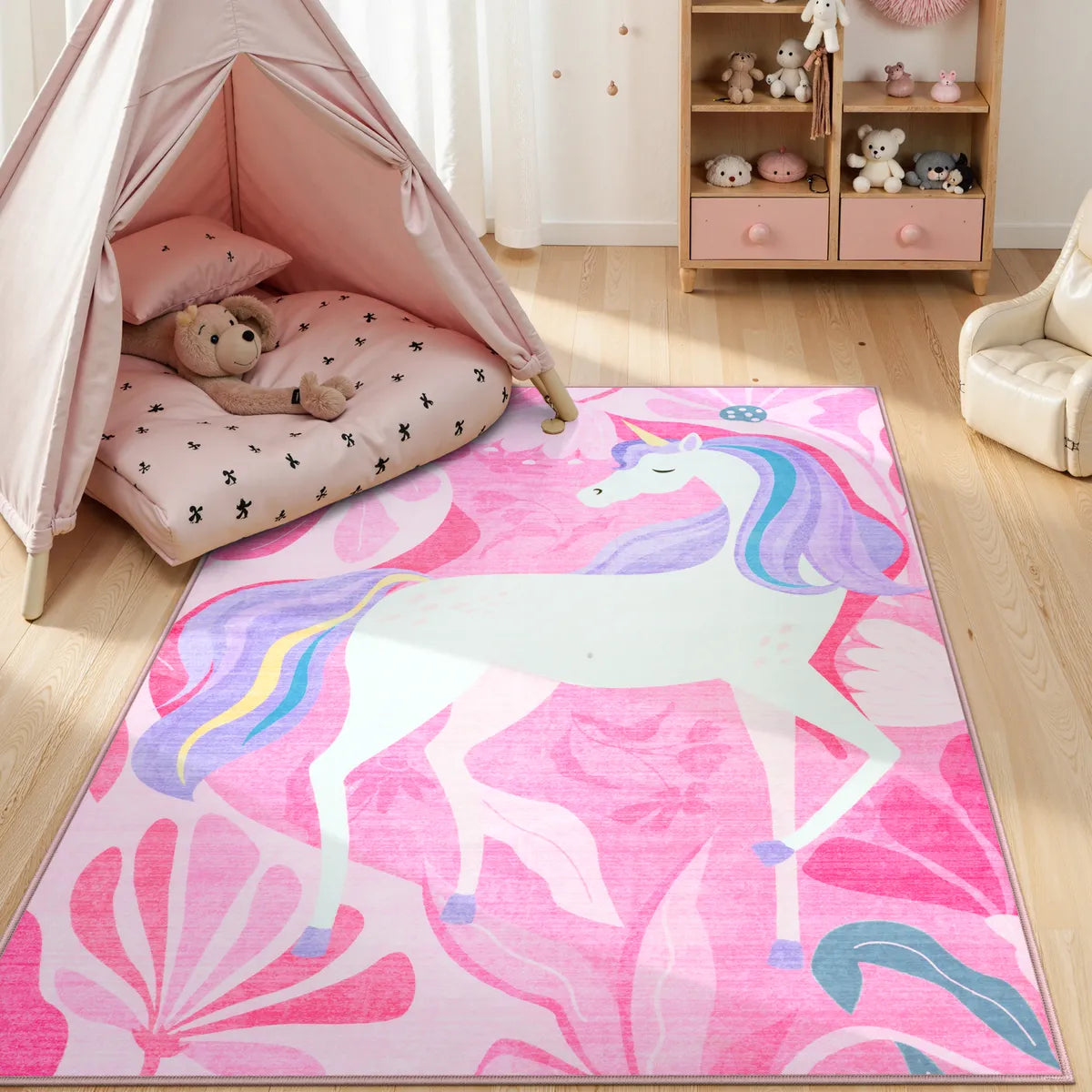 Lunie Washable Whimsical Unicorn Pink kids Rug Area Rugs Lahome