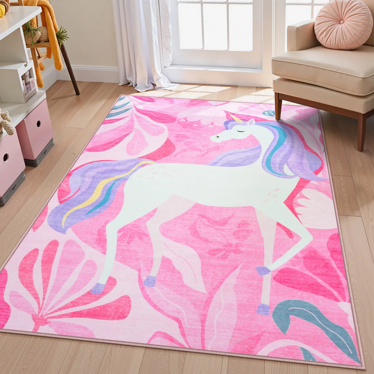 Lunie Washable Whimsical Unicorn Pink kids Rug Area Rugs Lahome