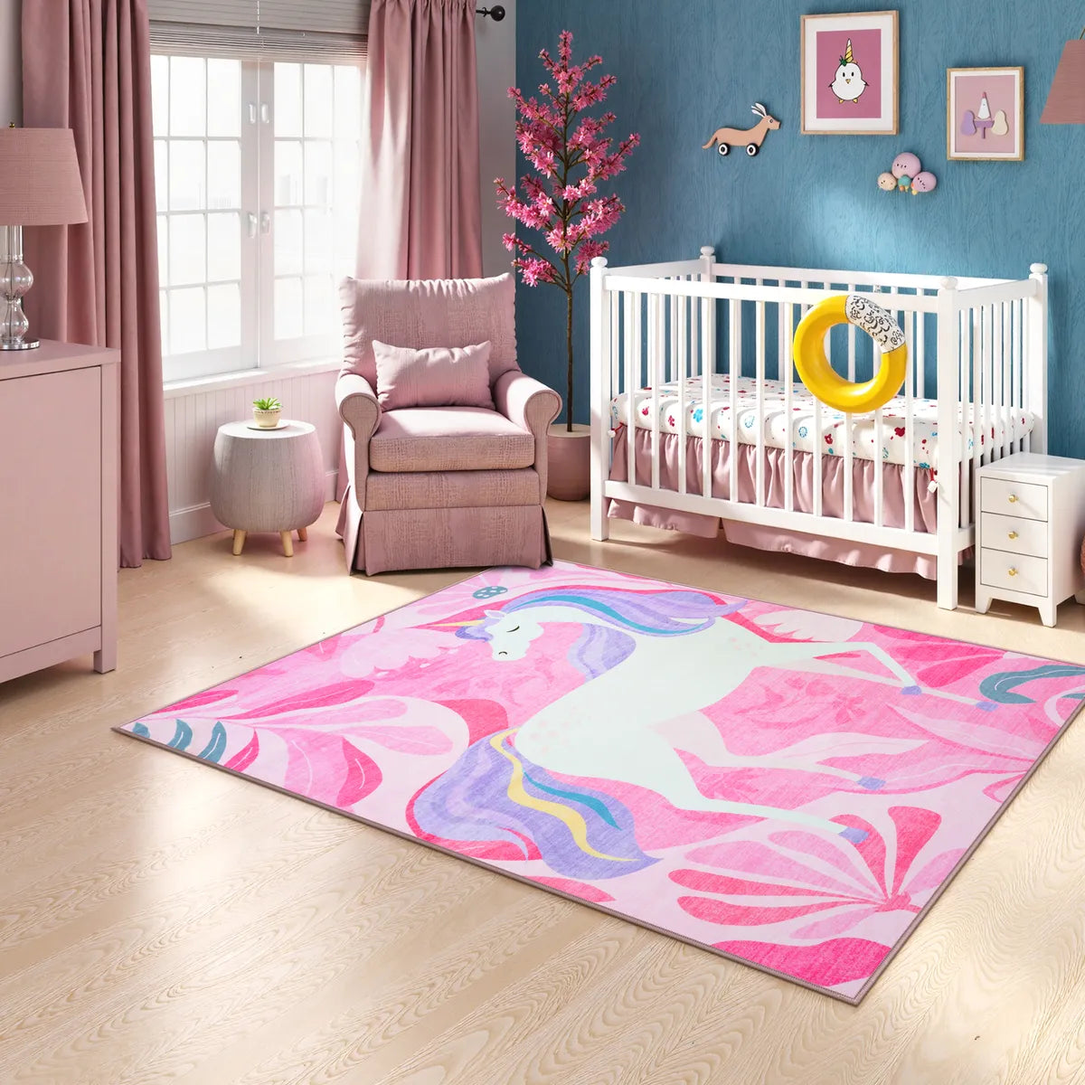 Lunie Washable Whimsical Unicorn Pink kids Rug Area Rugs Lahome