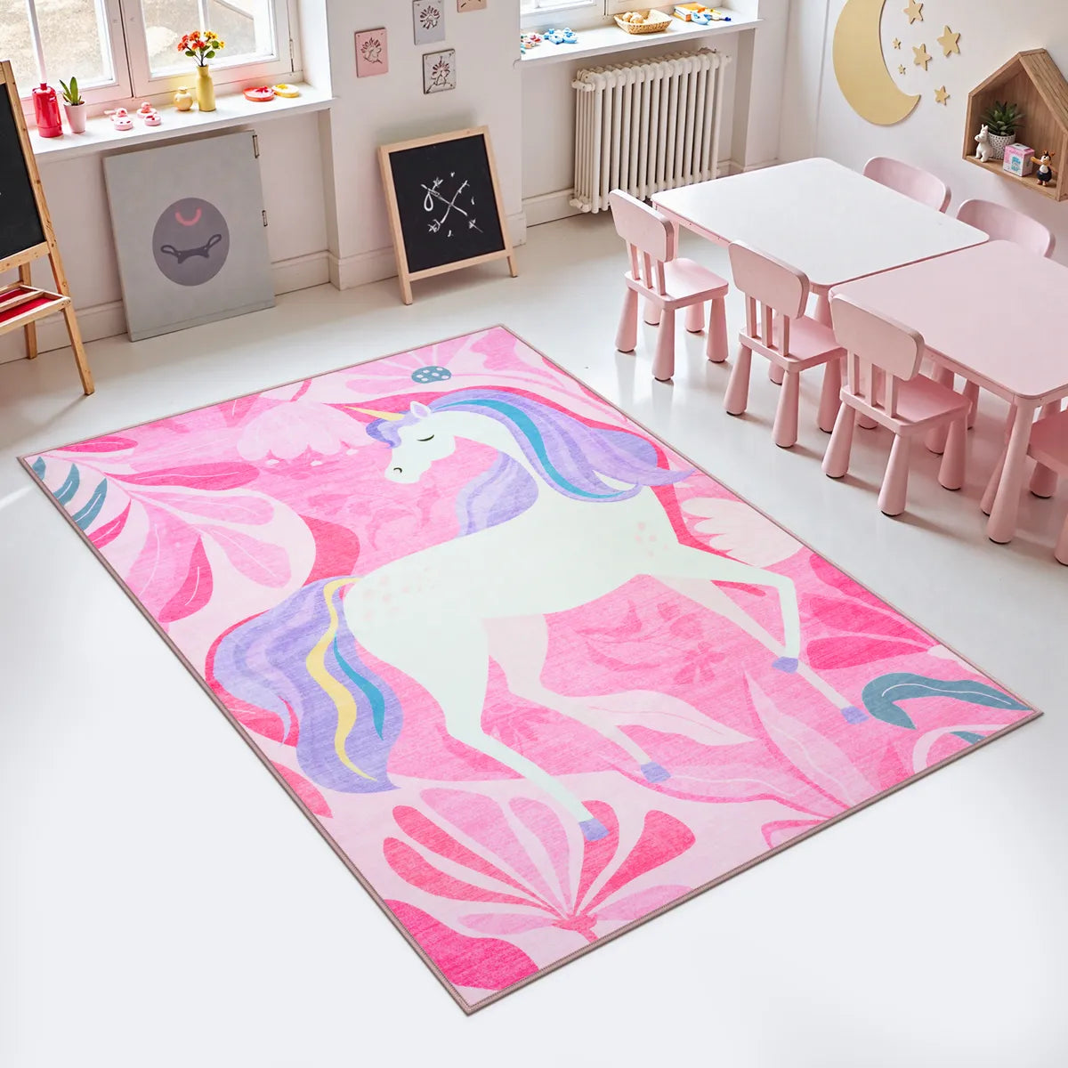 Lunie Washable Whimsical Unicorn Pink kids Rug Area Rugs Lahome 3' x 5'