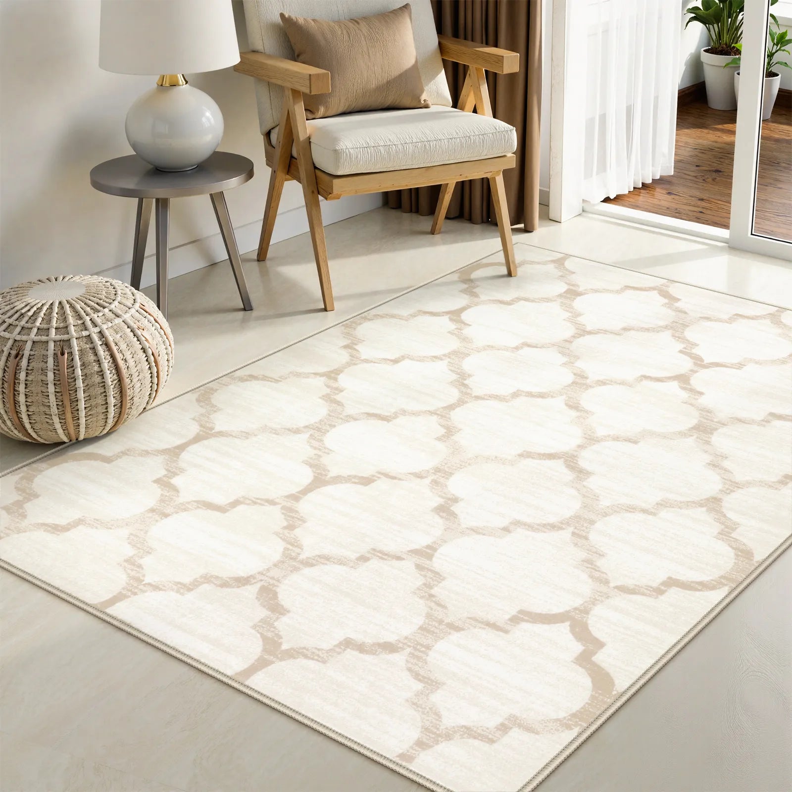Meline Washable Classic Moroccan Trellis Beige & Taupe Rug Area Rugs Lahome