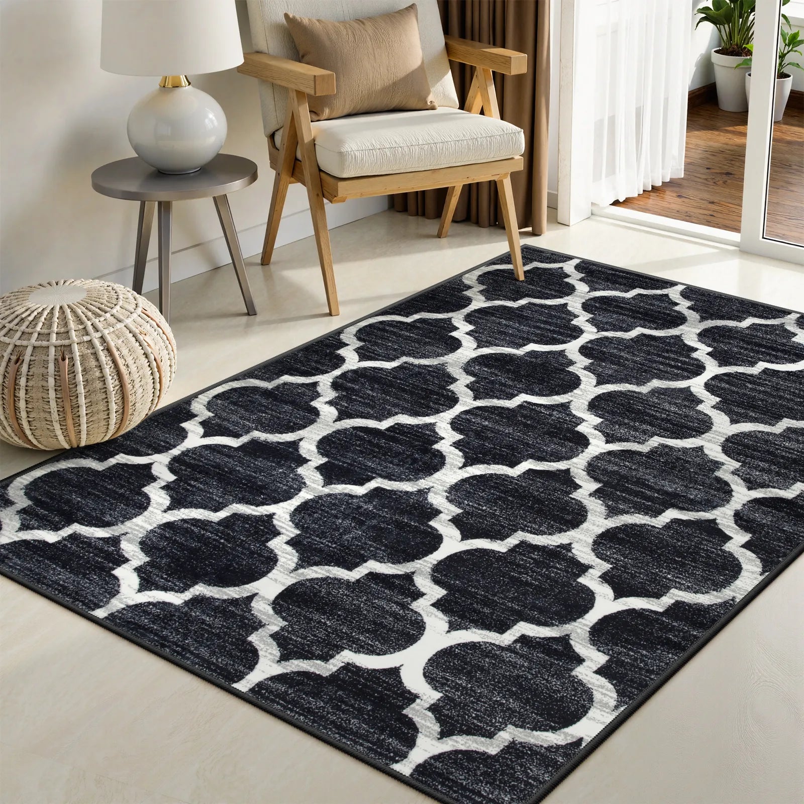Meline Washable Classic Moroccan Trellis Black Rug Area Rugs Lahome 3' x 5'