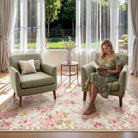 Nina Washable Romantic Vintage Floral Rose Garden Pink and Beige Rug Area Rugs Lahome