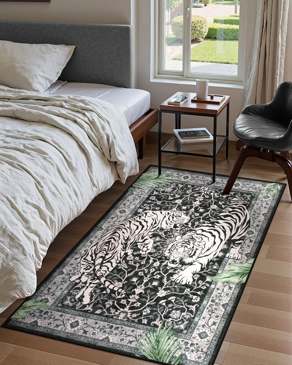 Rava Washable Wild Tiger Black Rug Area Rugs Lahome