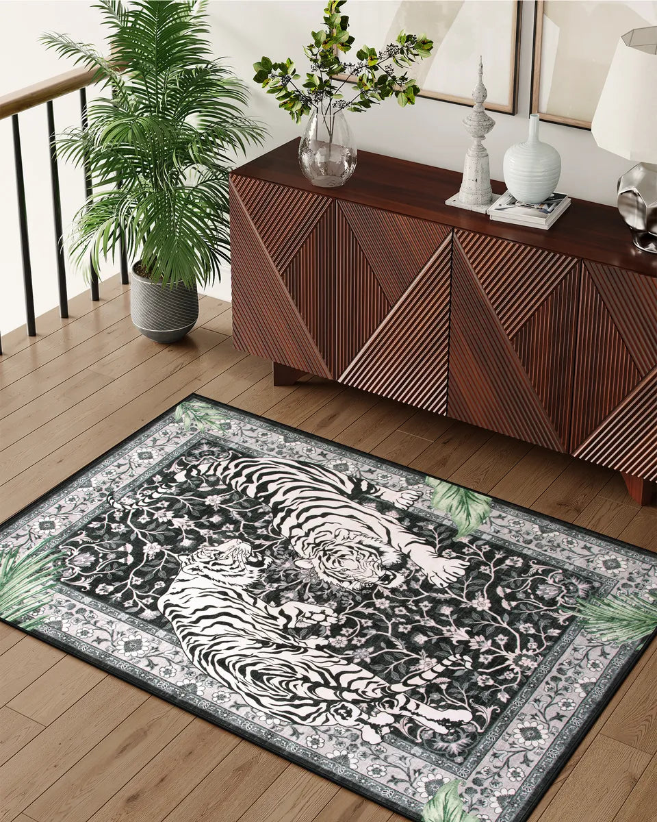 Rava Washable Wild Tiger Black Rug Area Rugs Lahome