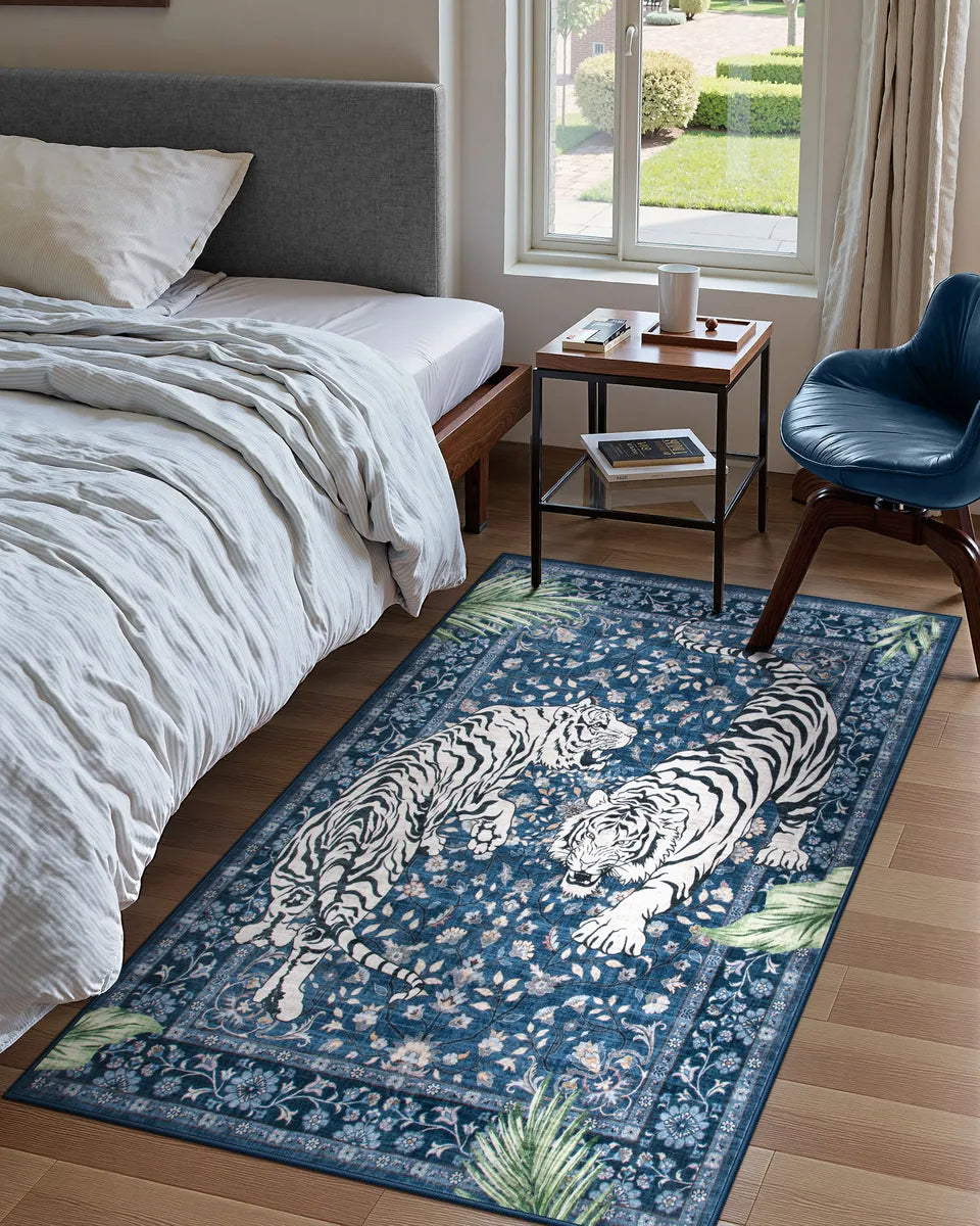 Rava Washable Wild Tiger Blue Rug Area Rugs Lahome