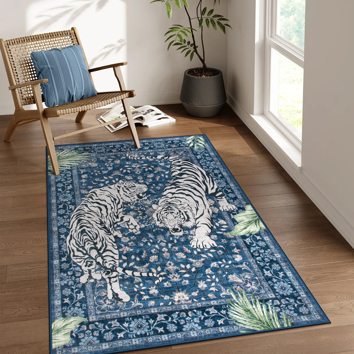 Rava Washable Wild Tiger Blue Rug Area Rugs Lahome 3' x 5'