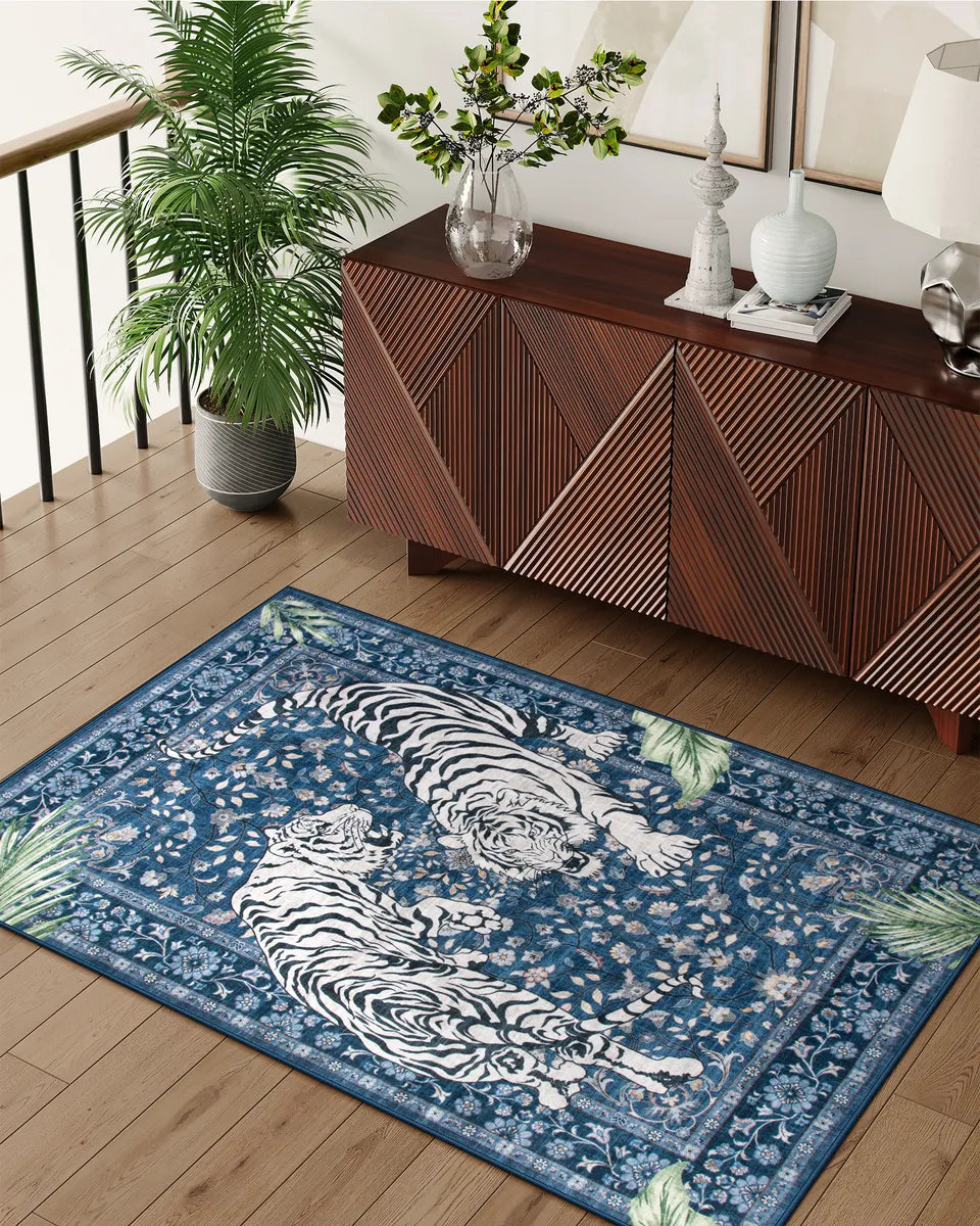 Rava Washable Wild Tiger Blue Rug Area Rugs Lahome