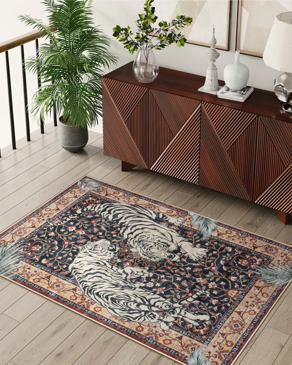 Rava Washable Wild Tiger Brown Rug Area Rugs Lahome