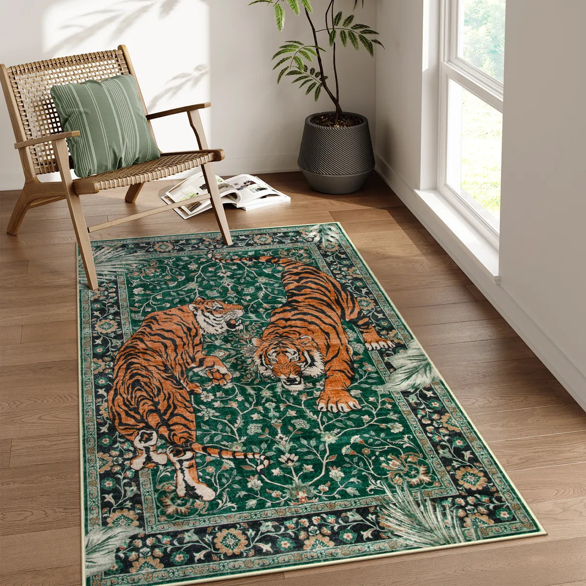 Rava Washable Wild Tiger Green Rug Area Rugs Lahome 3' x 5'