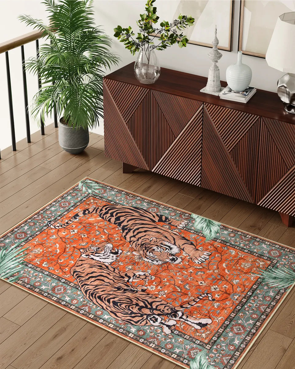 Rava Washable Wild Tiger Red Rug Area Rugs Lahome