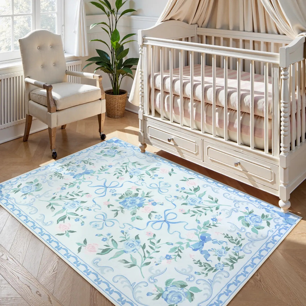Rosabel Washable Floral Bows Blue Rug Area Rugs Lahome 3' x 5'