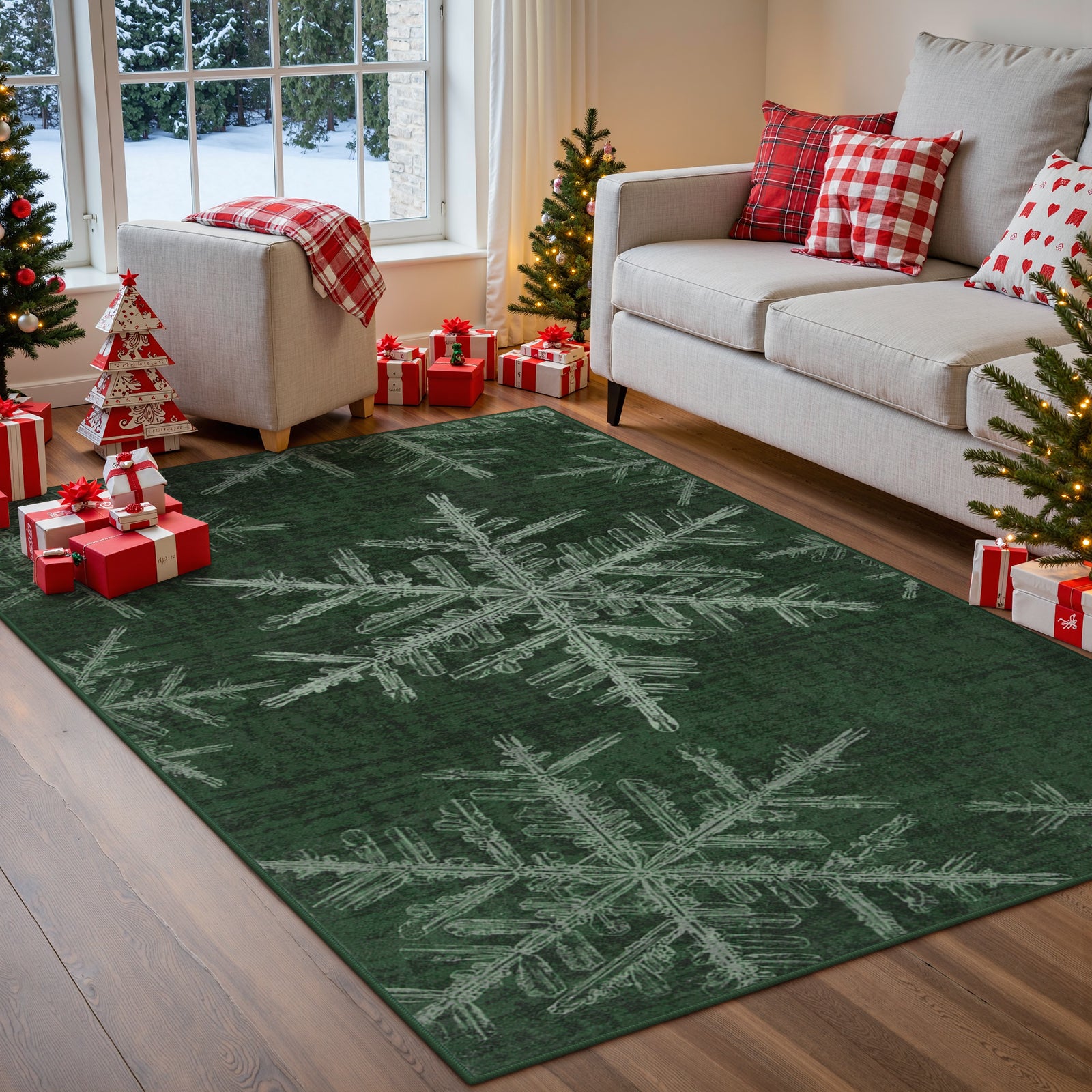 Christmas Washable Crystal Snowflake Green Rug Area Rugs Lahome 3' x 5'