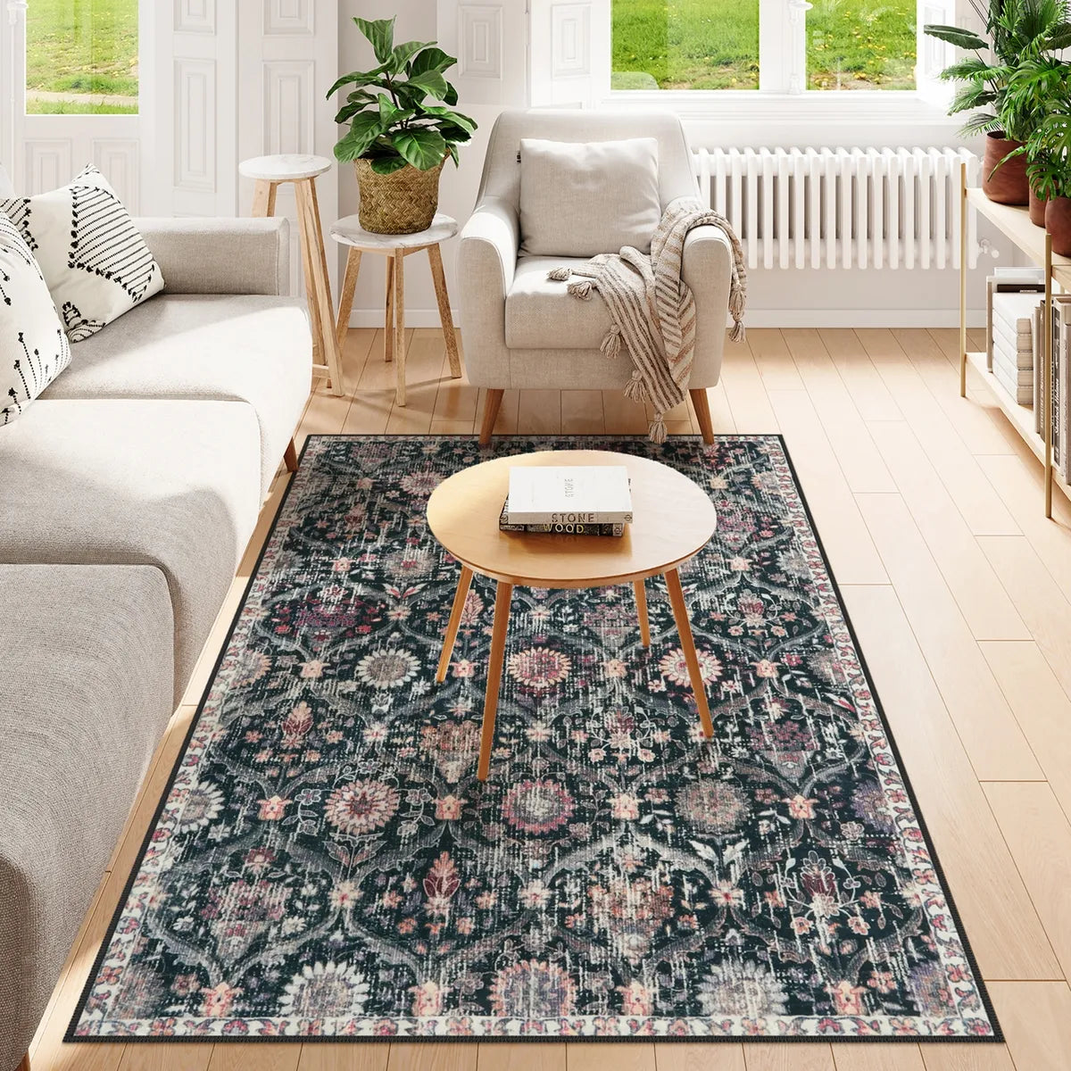 Elise Ultra-thin Transitional Vintage Floral Moroccan Trellis Black Rug