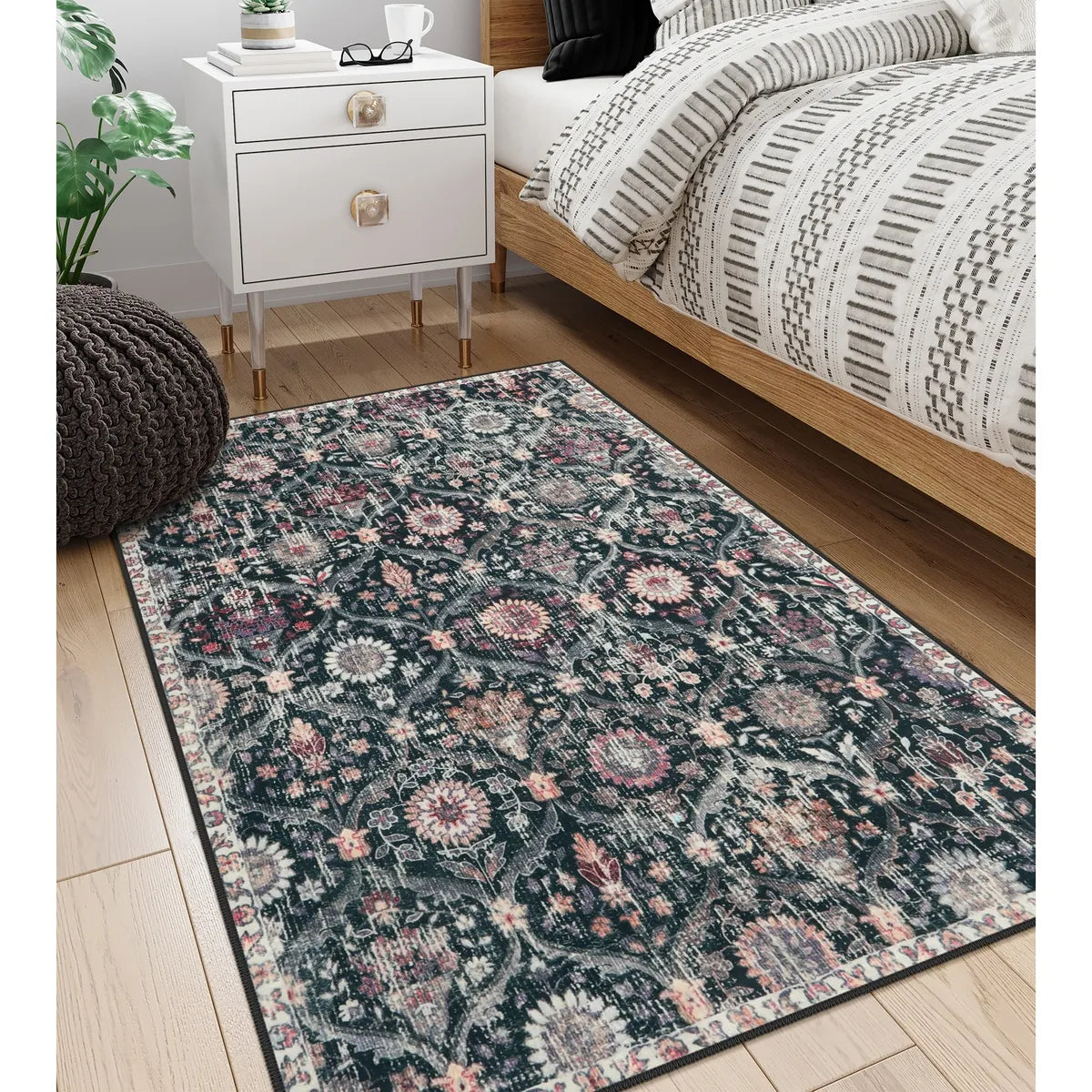 Elise Ultra-thin Transitional Vintage Floral Moroccan Trellis Black Rug