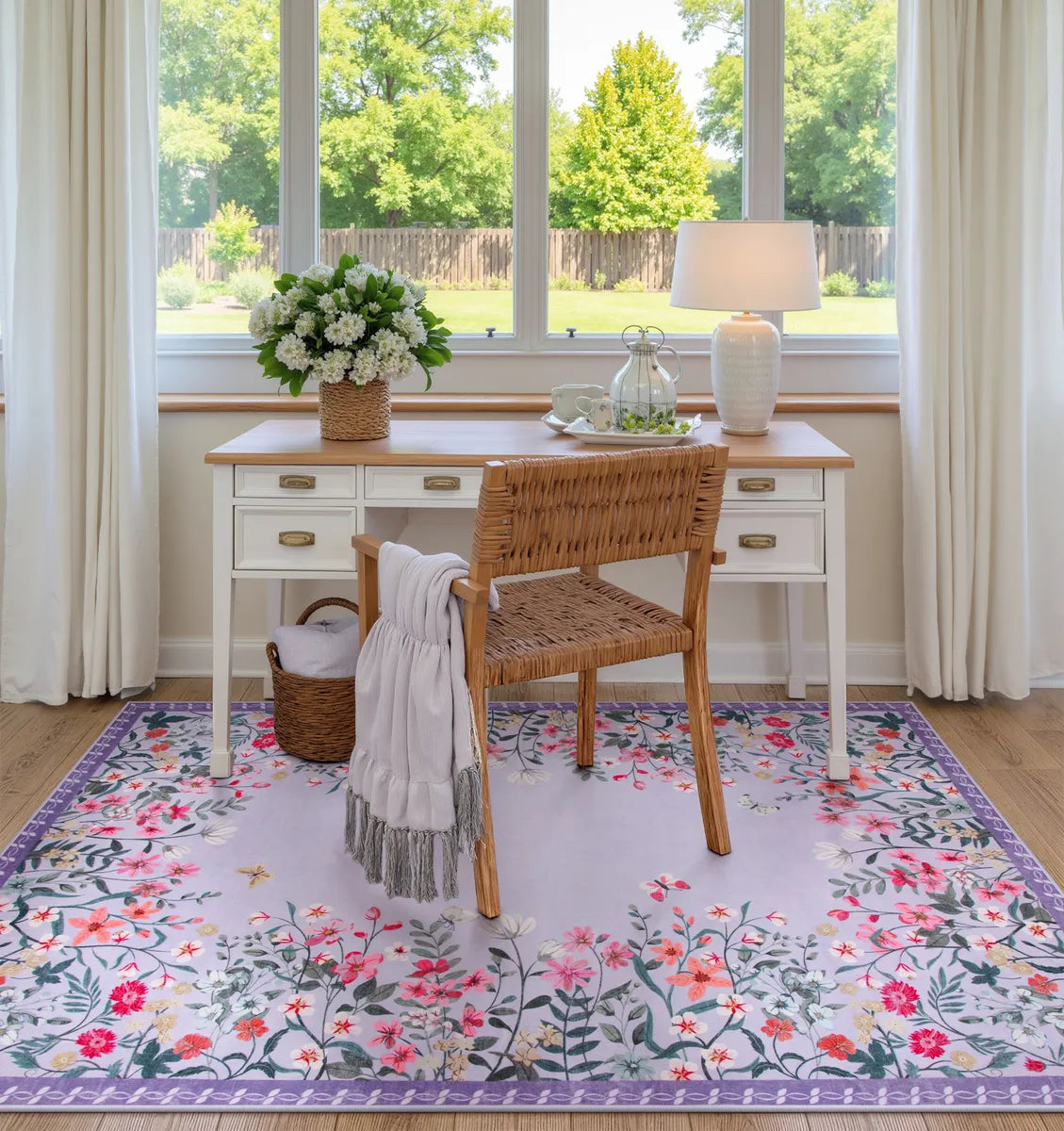 Solene Washable Modern Blooming Floral Garden Purple Rug Area Rugs Lahome