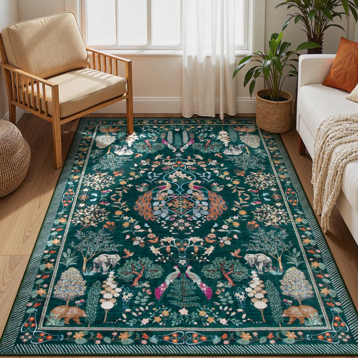 Avine Washable Bohemian Botanical Animals Green Rug Rugs Lahome 4' x 6'