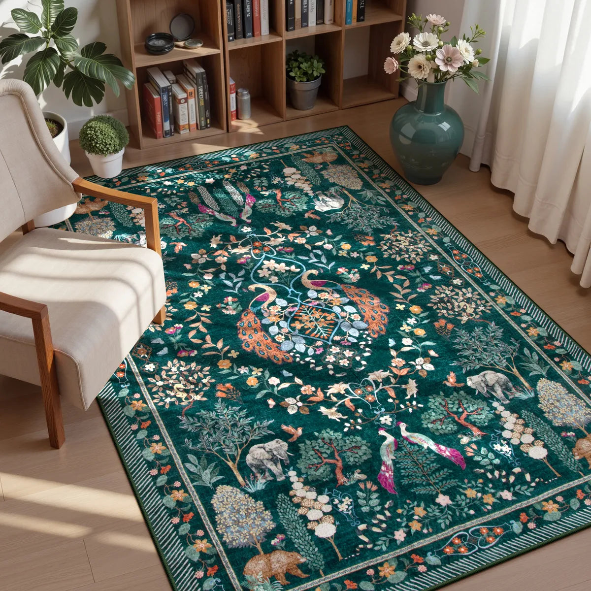 Avine Washable Bohemian Botanical Animals Green Rug Rugs Lahome