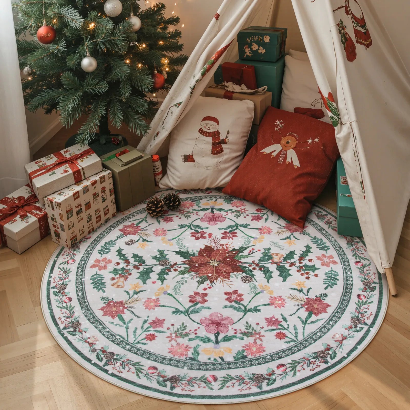 Sylvie Christmas Washable Boho Modern Parisian Garden Floral Ivory Rug Area Rugs Lahome 4' Round