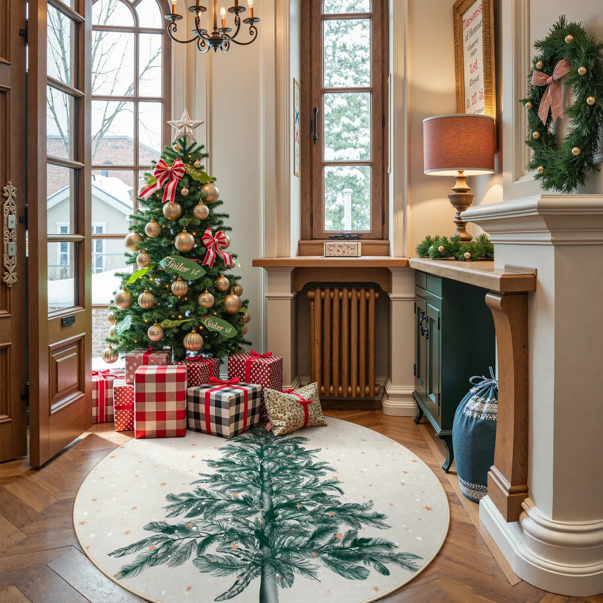 Christmas Washable Tree and Snowflake Beige Rug Area Rugs Lahome 4' Round