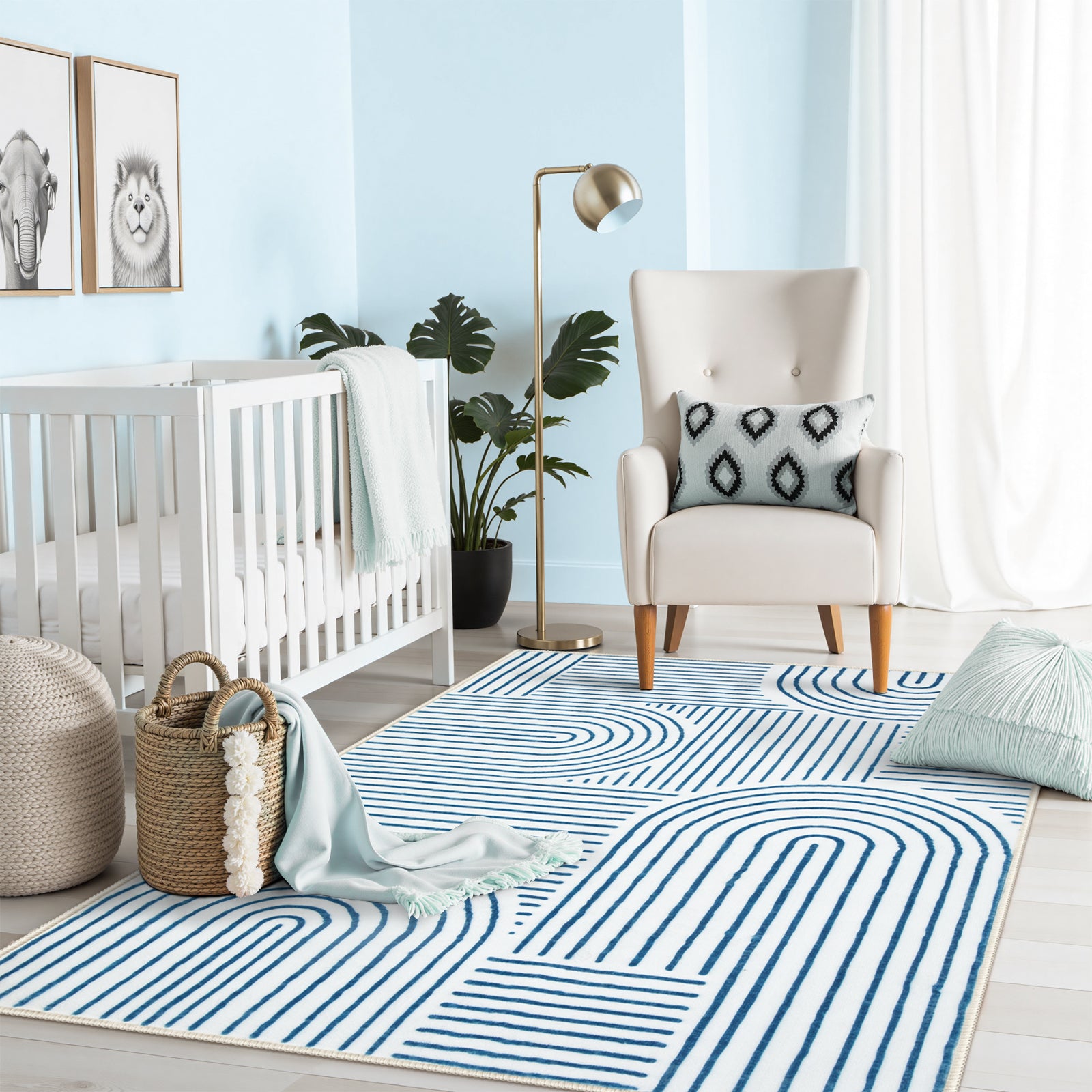 Washable Blue/White Rainbow Stripe Rug | Darrell Abstract Style