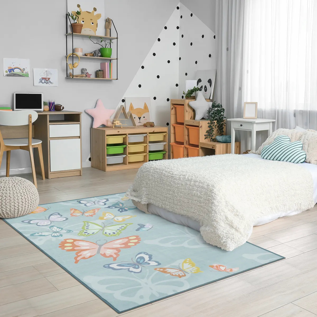 Emis Washable Butterfly Blue Kids Rug Kids Rugs Lahome 4' x 6'