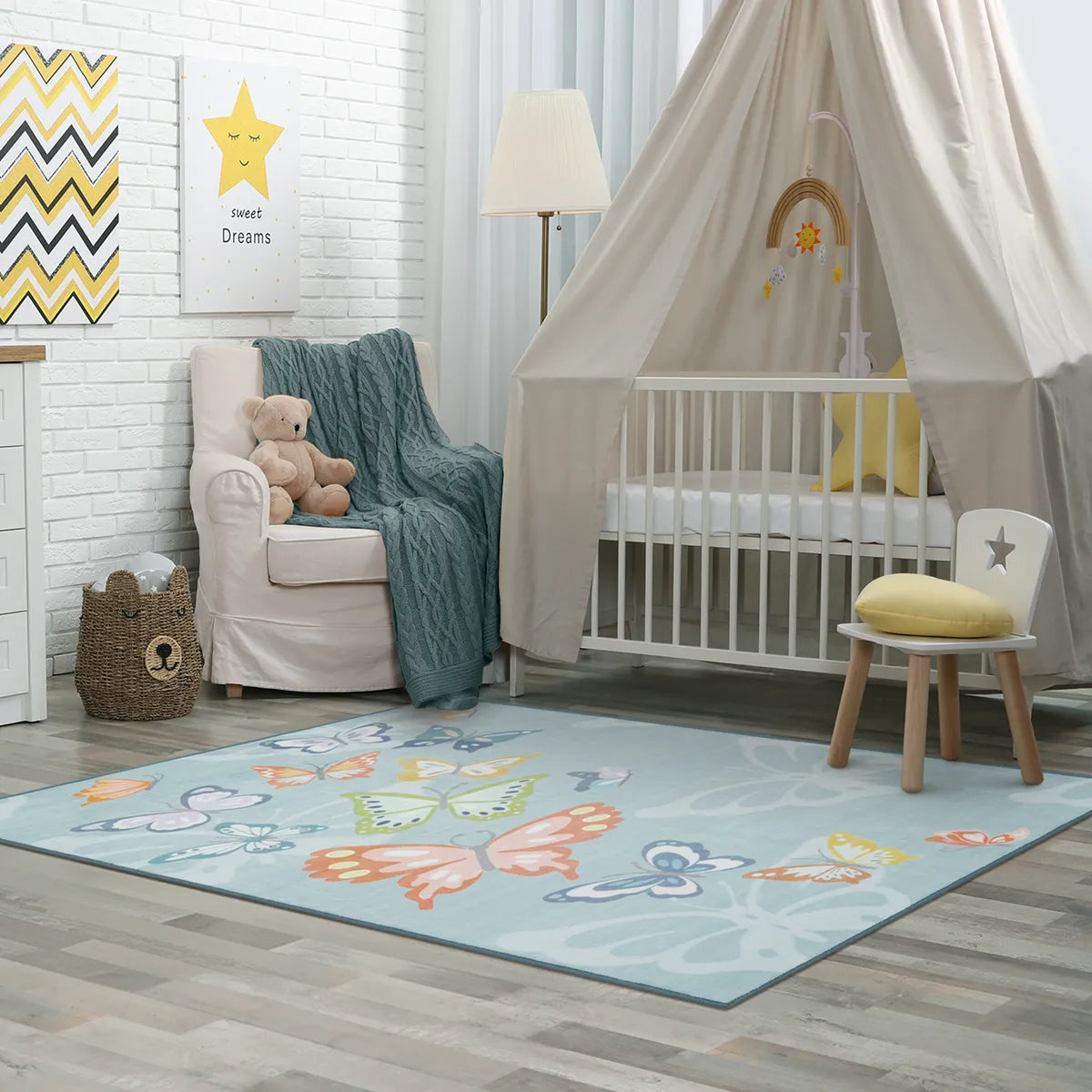 Emis Washable Butterfly Blue Kids Rug Kids Rugs Lahome