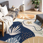Kiki Washable Modern Botanical Leaf Blue/Yellow Rug Area Rugs Lahome