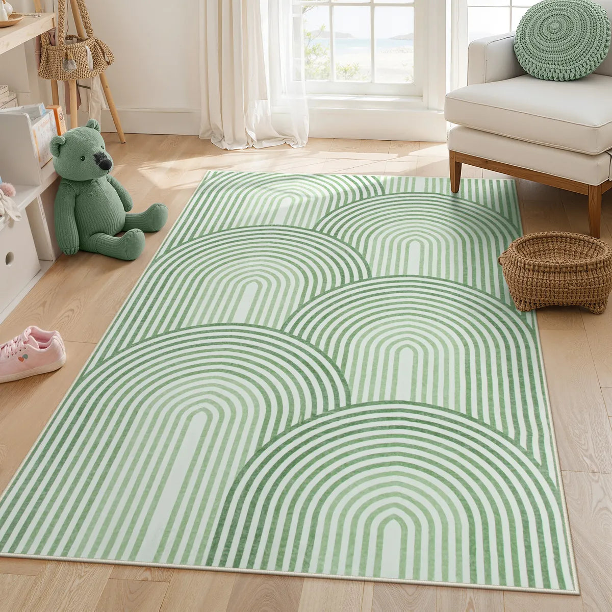 Namia Washable Modern Arch Stripe Green Rug Rugs Lahome 4' x 6'