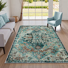 Reine Washable Bohemian Floral Medallion Dark Teal Blue Rug Clearance Rugs Lahome 4' x 6'