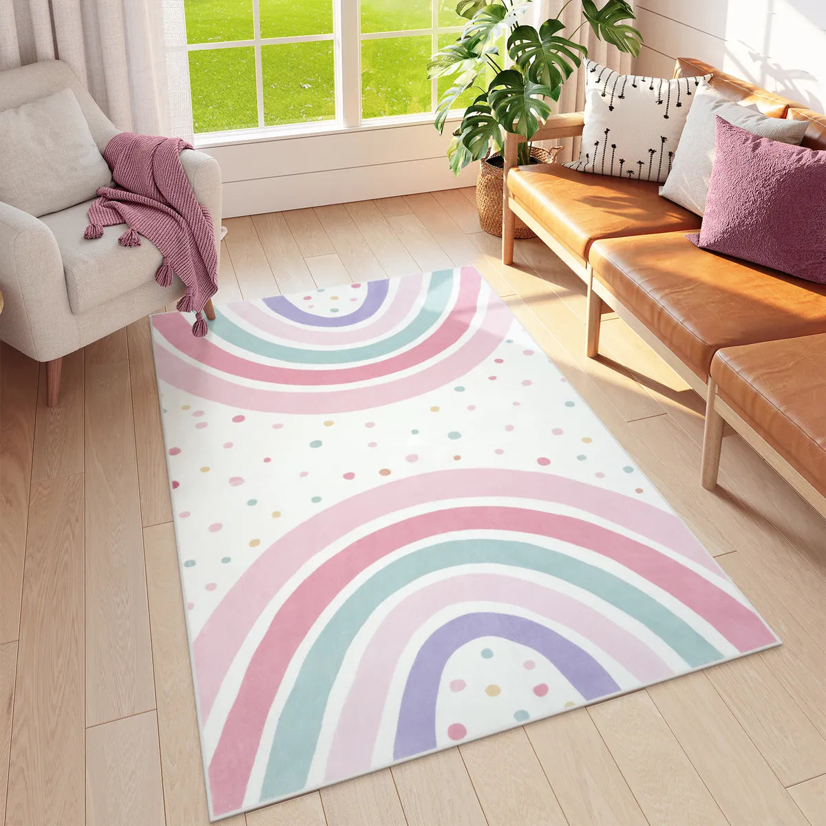 Tipou Washable Rainbow Pink Kids Rug Area Rugs Lahome 4' x 6'