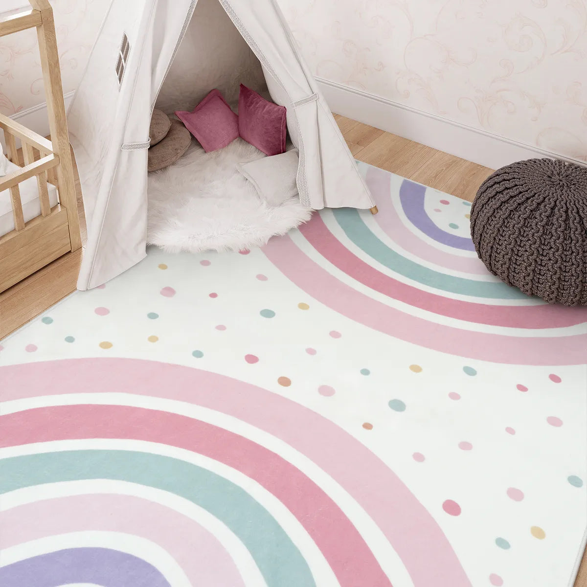 Tipou Washable Rainbow Pink Kids Rug Area Rugs Lahome