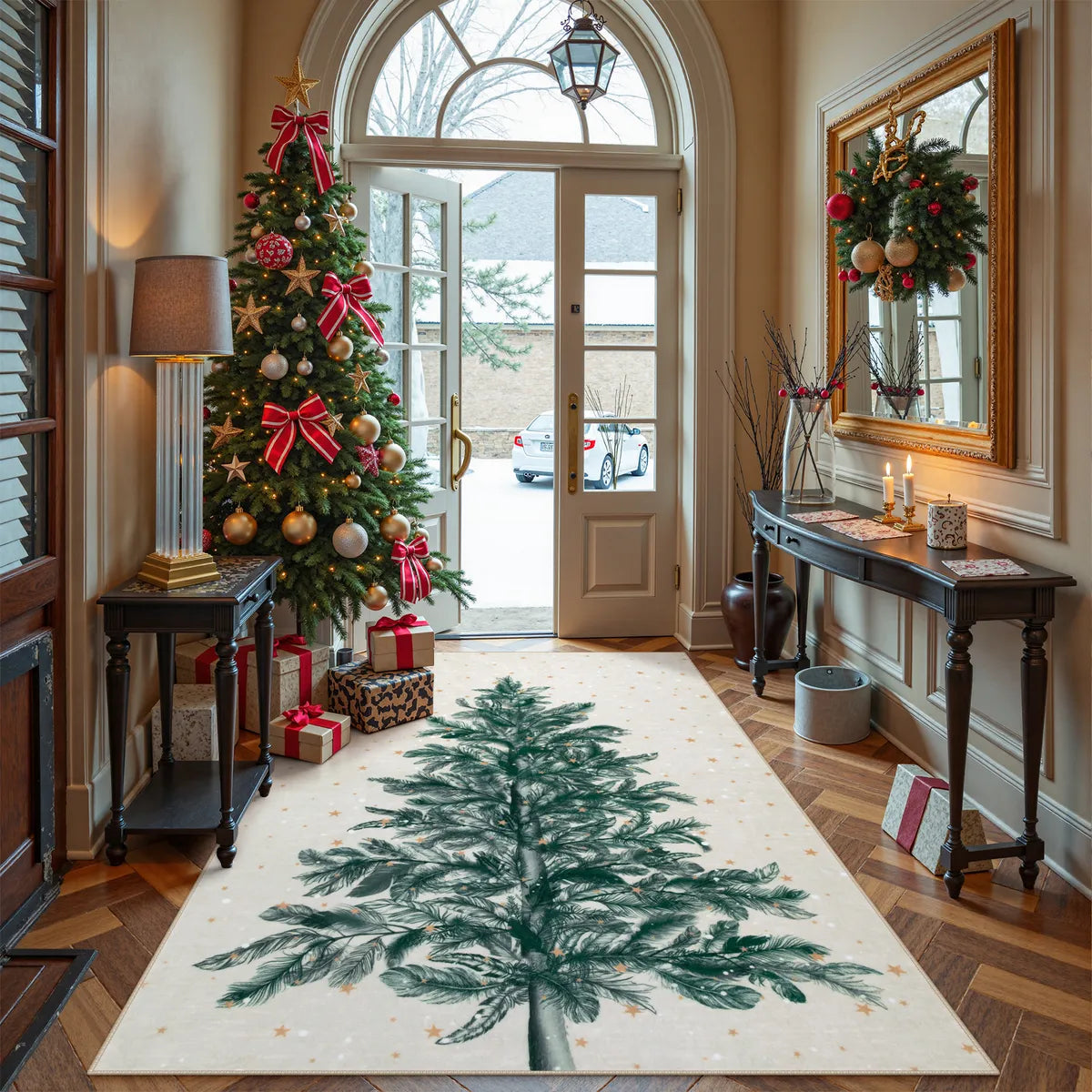 Christmas Washable Tree and Snowflake Beige Rug Area Rugs Lahome 4' x 6'