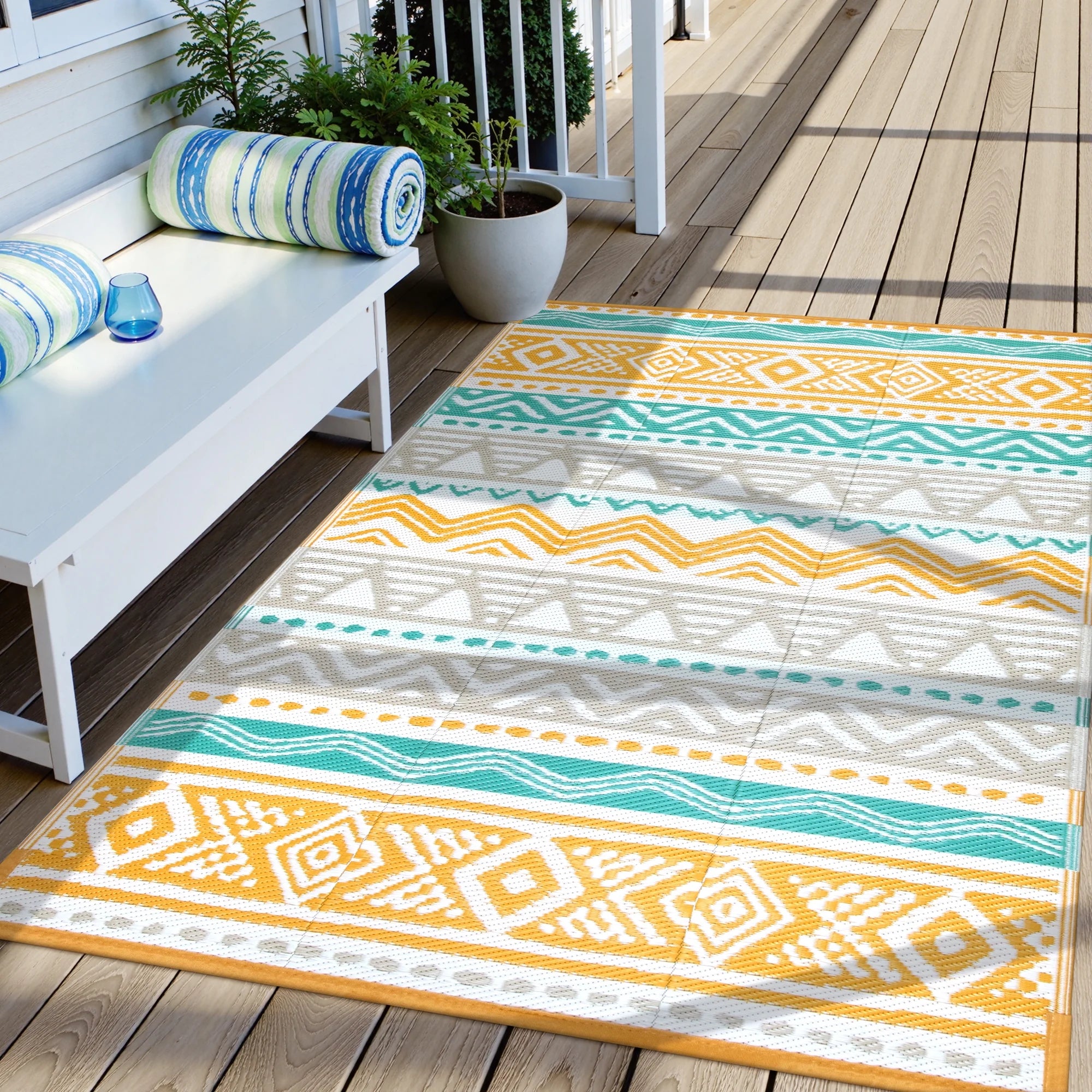 Moynesa Outdoor Rug Waterproof, Lightweight Plastic Straw Rug for Camping RV, Reversible Outside Carpet for Patio Deck Porch Balcony Picnic Tent Walmart Walmart 4' x 6' Moynesa-Yellow/Blue