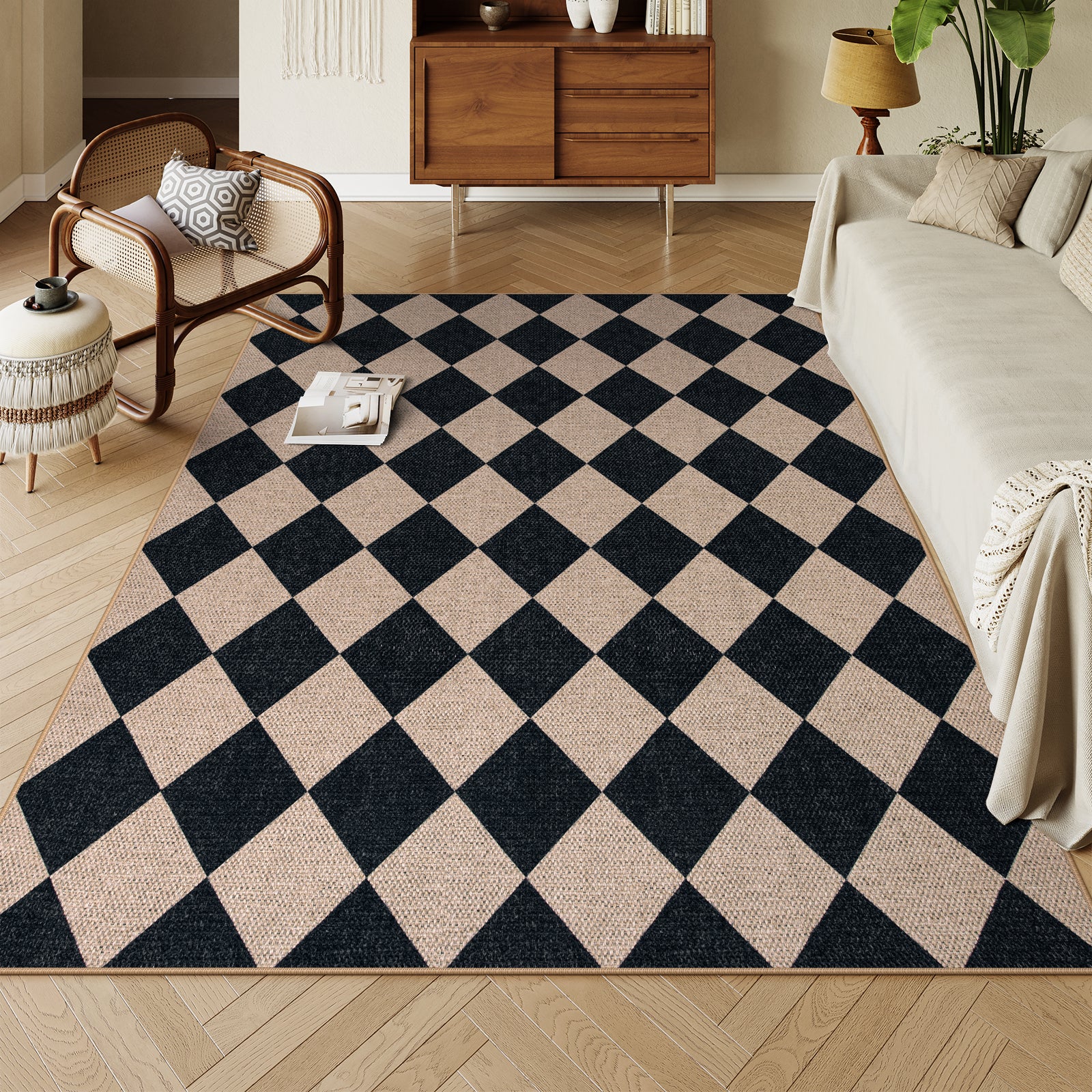 SUNDEREY Modern Geometric Area Rug,Large Washable Living Room Rug,Checkerboard Indoor Outdoor Carpet, Farmhouse Checkered Non Slip Black Carpet for Dining Room Table Apartment Walmart Walmart 5' x 7' Black/ Coline