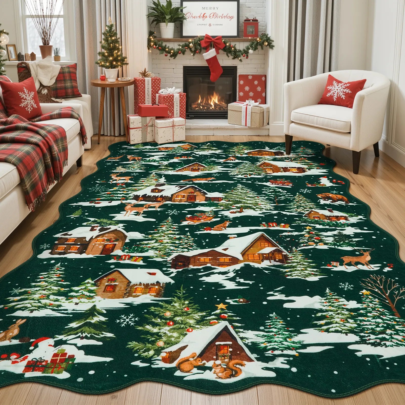 Gabriel Christmas Washable Cottage Lights Forest Animals Green Rug Area Rugs Lahome 5' x 7'