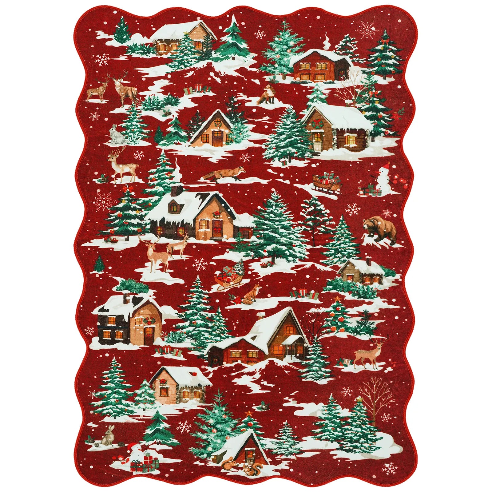 Gabriel Christmas Washable Cottage Lights Forest Animals Red Rug Area Rugs Lahome