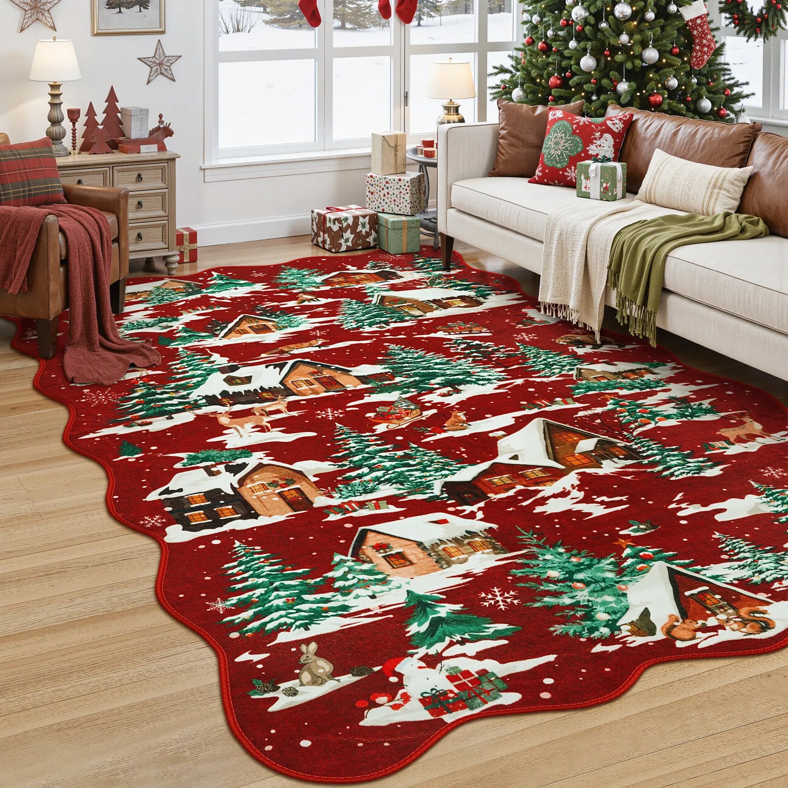 Gabriel Christmas Washable Cottage Lights Forest Animals Red Rug Area Rugs Lahome